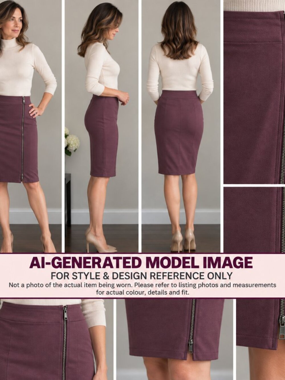 NWT. Gunmetal Zip-Front Pencil Skirt in Plum